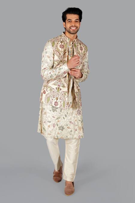 Shop_Gaurav Katta_Beige Tusser Silk Embroidered Kantha Bundi Kurta Set _Online_at_Aza_Fashions