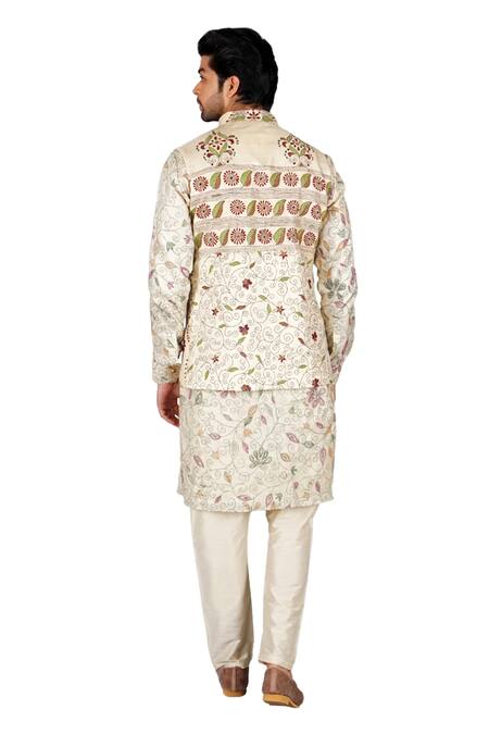 Gaurav Katta_Beige Tusser Silk Embroidered Kantha Bundi Kurta Set _at_Aza_Fashions