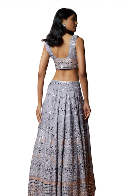 Shop_Mehak Murpana_Purple Net, Silk, Crepe Mirrors, Embroidery Round Neck Blouse Lehenga Set _Online_at_Aza_Fashions