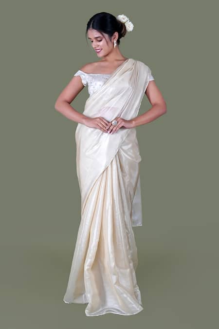 Shop_Gaurav Katta_Gold Silk Satin, Cotton Pearls, Metallic Saree Set With Floral Jacket _Online_at_Aza_Fashions