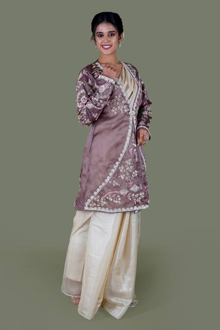 Gaurav Katta_Gold Silk Satin, Cotton Pearls, Metallic Saree Set With Floral Jacket _at_Aza_Fashions