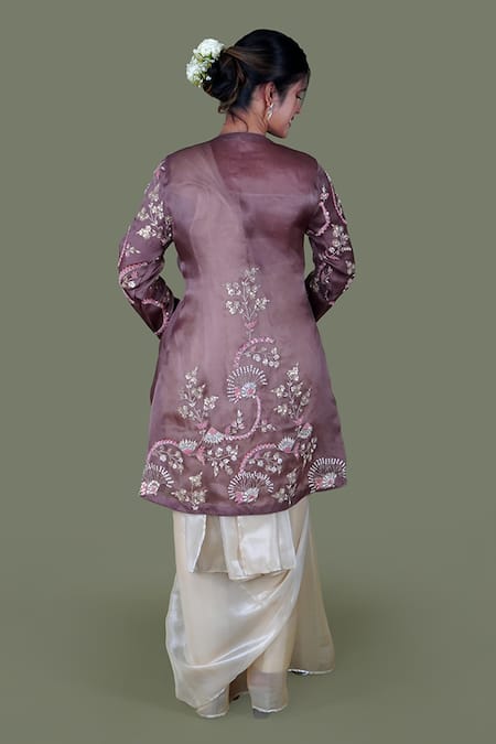 Buy_Gaurav Katta_Gold Silk Satin, Cotton Pearls, Metallic Saree Set With Floral Jacket 