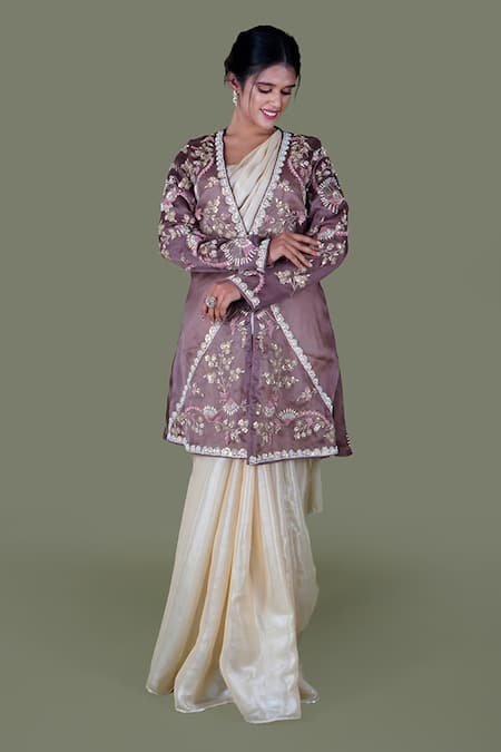 Shop_Gaurav Katta_Gold Silk Satin, Cotton Pearls, Metallic Saree Set With Floral Jacket 