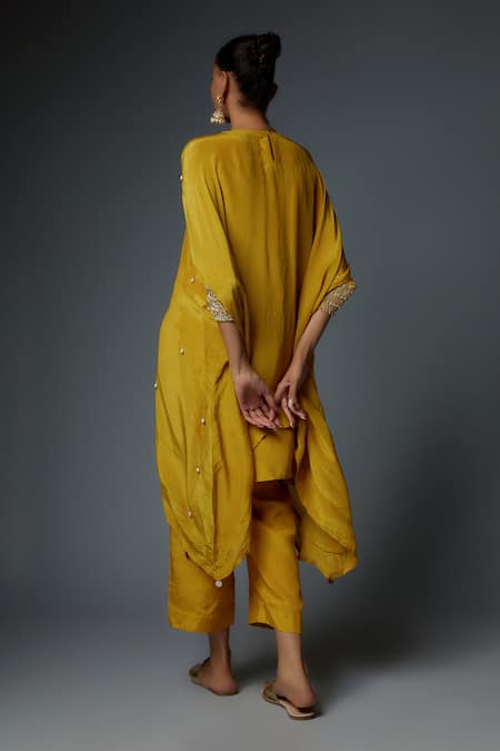 Shop Bha Sha Yellow Crepe, Satin Pearls Round Neck Afrah Embroidered Kaftan With Pant at Aza Fashions Shop_Bha Sha_Yellow Crepe, Satin Pearls Round Neck Afrah Embroidered Kaftan With Pant _at_Aza_Fashions