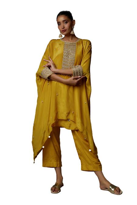 Bha Sha Yellow Crepe, Satin Pearls Round Neck Afrah Embroidered Kaftan With Pant Online at Aza Fashions Bha Sha_Yellow Crepe, Satin Pearls Round Neck Afrah Embroidered Kaftan With Pant _Online_at_Aza_Fashions