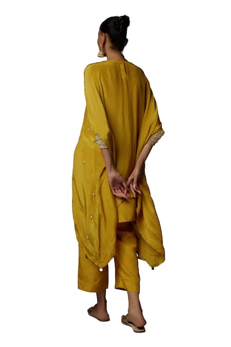Buy Bha Sha Yellow Crepe, Satin Pearls Round Neck Afrah Embroidered Kaftan With Pant Online at Aza Fashions Buy_Bha Sha_Yellow Crepe, Satin Pearls Round Neck Afrah Embroidered Kaftan With Pant _Online_at_Aza_Fashions