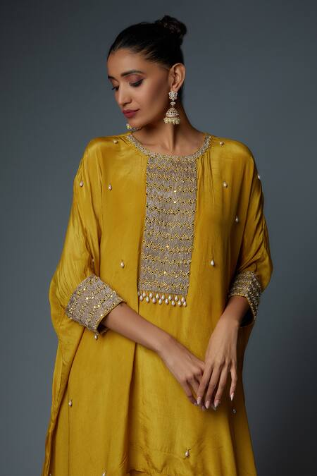 Bha Sha Yellow Crepe, Satin Pearls Round Neck Afrah Embroidered Kaftan With Pant at Aza Fashions Bha Sha_Yellow Crepe, Satin Pearls Round Neck Afrah Embroidered Kaftan With Pant _at_Aza_Fashions
