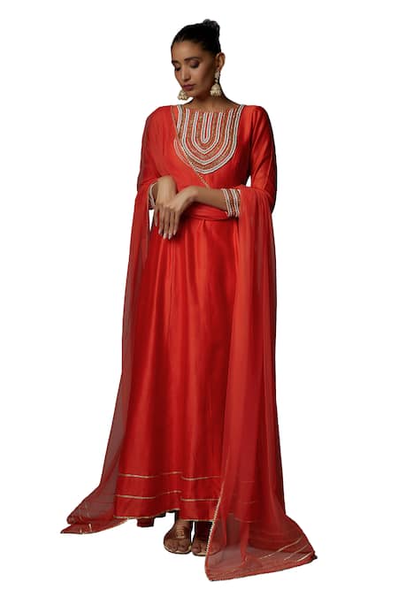 Bha Sha Orange Chanderi, Net, Satin Daisy Greek Leaf Pattern Anarkali With Dupatta Online at Aza Fashions Bha Sha_Orange Chanderi, Net, Satin Daisy Greek Leaf Pattern Anarkali With Dupatta _Online_at_Aza_Fashions