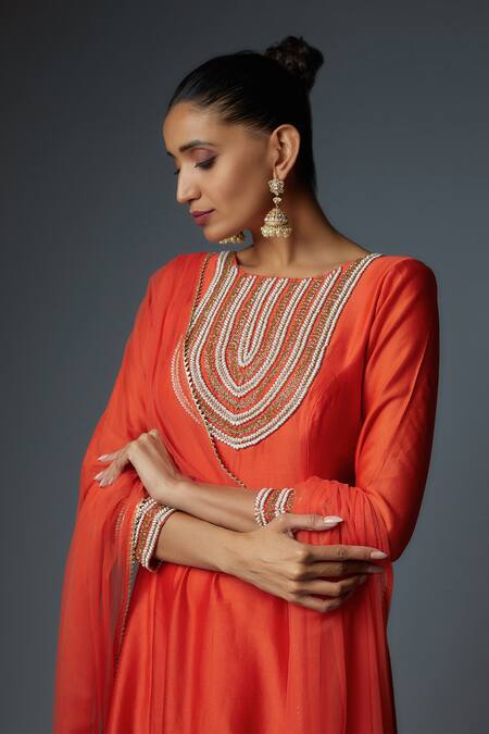 Shop Bha Sha Orange Chanderi, Net, Satin Daisy Greek Leaf Pattern Anarkali With Dupatta Online at Aza Fashions Shop_Bha Sha_Orange Chanderi, Net, Satin Daisy Greek Leaf Pattern Anarkali With Dupatta _Online_at_Aza_Fashions