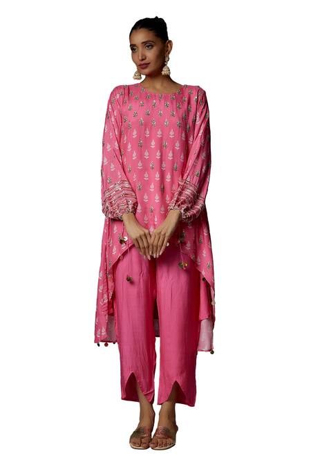 Bha Sha_Pink Chanderi, Linen Sequins, Pearls Flower Hand Embroidered Tunic With Pant _Online_at_Aza_Fashions