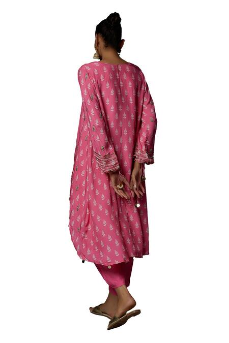 Buy_Bha Sha_Pink Chanderi, Linen Sequins, Pearls Flower Hand Embroidered Tunic With Pant _Online_at_Aza_Fashions