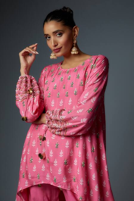 Bha Sha_Pink Chanderi, Linen Sequins, Pearls Flower Hand Embroidered Tunic With Pant _at_Aza_Fashions