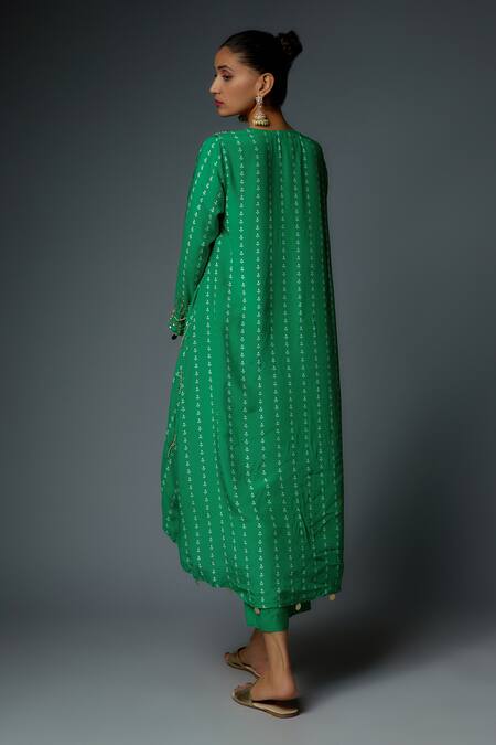 Shop_Bha Sha_Green Chanderi Cut Work Round Neck Jholan Embroidered Tunic With Pant _at_Aza_Fashions