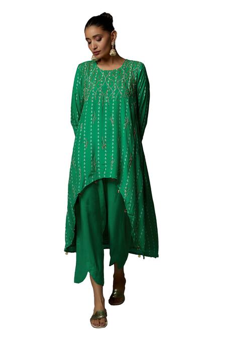 Bha Sha_Green Chanderi Cut Work Round Neck Jholan Embroidered Tunic With Pant _Online_at_Aza_Fashions