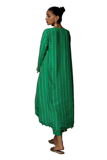 Buy_Bha Sha_Green Chanderi Cut Work Round Neck Jholan Embroidered Tunic With Pant _Online_at_Aza_Fashions