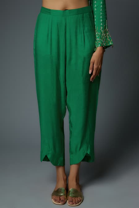 Shop_Bha Sha_Green Chanderi Cut Work Round Neck Jholan Embroidered Tunic With Pant _Online_at_Aza_Fashions