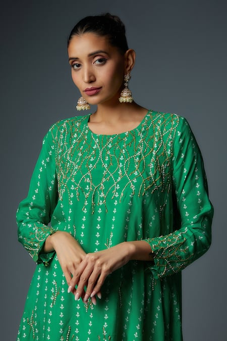 Bha Sha_Green Chanderi Cut Work Round Neck Jholan Embroidered Tunic With Pant _at_Aza_Fashions