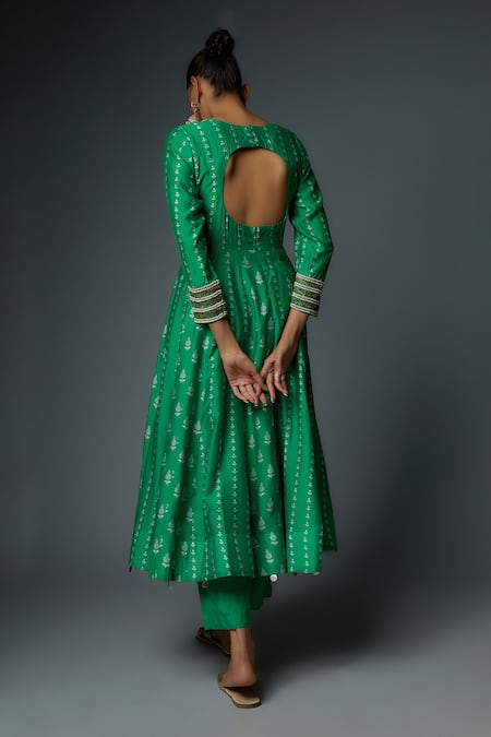 Shop_Bha Sha_Green Chanderi, Net Cut Work, Pearls, Laila Floral Butta Print Anarkali Set _at_Aza_Fashions