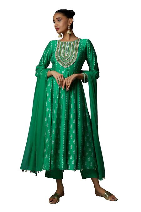 Bha Sha_Green Chanderi, Net Cut Work, Pearls, Laila Floral Butta Print Anarkali Set _Online_at_Aza_Fashions