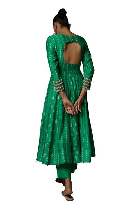 Buy_Bha Sha_Green Chanderi, Net Cut Work, Pearls, Laila Floral Butta Print Anarkali Set _Online_at_Aza_Fashions