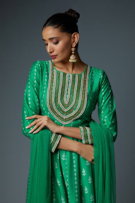 Bha Sha_Green Chanderi, Net Cut Work, Pearls, Laila Floral Butta Print Anarkali Set _at_Aza_Fashions