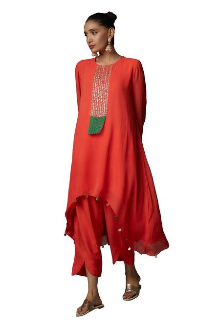 Bha Sha_Orange Georgette, Silk Cut Work, Mala Asymmetric Embroidered Tunic With Pant _Online_at_Aza_Fashions