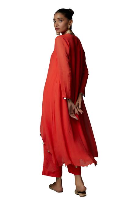 Buy_Bha Sha_Orange Georgette, Silk Cut Work, Mala Asymmetric Embroidered Tunic With Pant _Online_at_Aza_Fashions