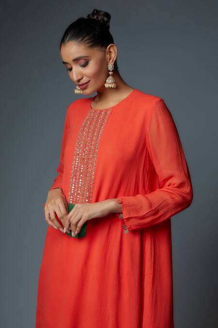 Bha Sha_Orange Georgette, Silk Cut Work, Mala Asymmetric Embroidered Tunic With Pant _at_Aza_Fashions