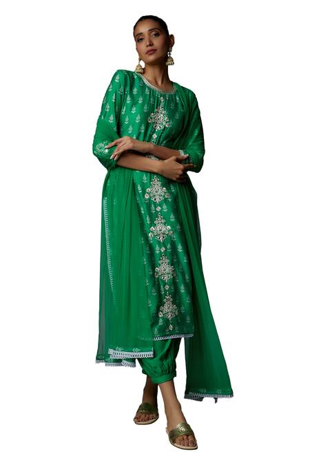 Bha Sha_Green Chanderi , Net, Embroidery, Stones Matina Resham Kurta Set _Online_at_Aza_Fashions