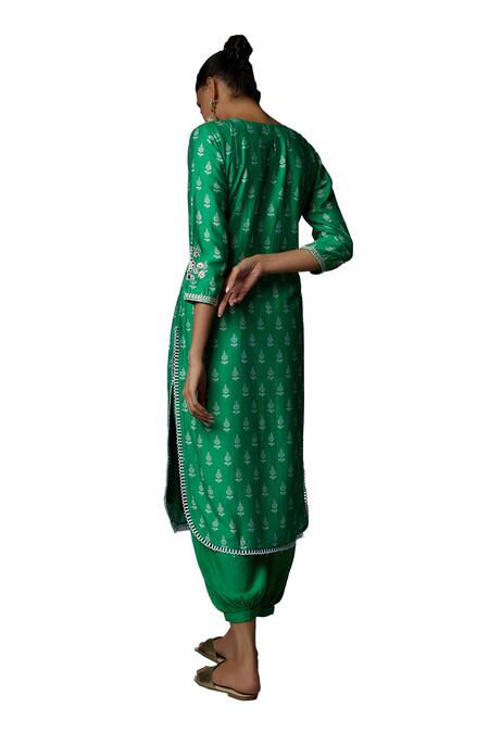 Buy_Bha Sha_Green Chanderi , Net, Embroidery, Stones Matina Resham Kurta Set _Online_at_Aza_Fashions