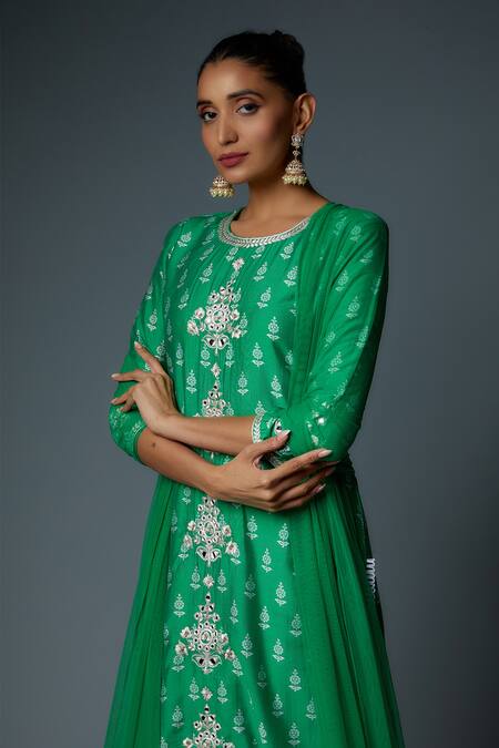 Bha Sha_Green Chanderi , Net, Embroidery, Stones Matina Resham Kurta Set _at_Aza_Fashions
