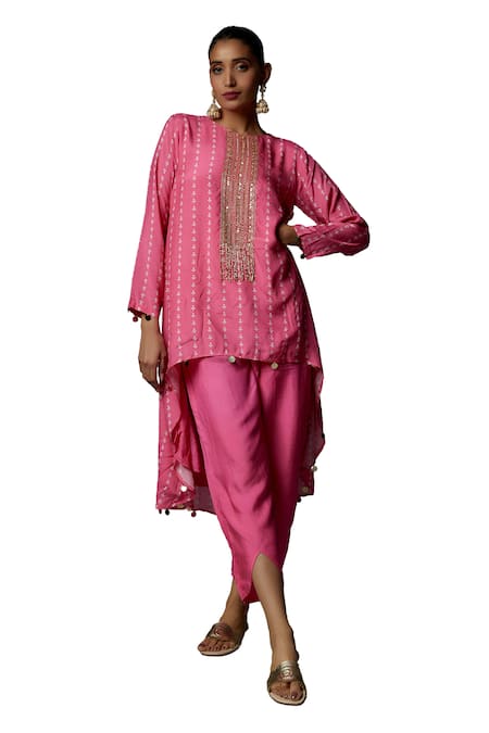 Bha Sha_Pink Chanderi Cut Work, Megha Asymmetric Bead Embroidered Yoke Kurta With Pant _Online_at_Aza_Fashions