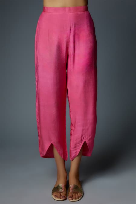 Shop_Bha Sha_Pink Chanderi Cut Work, Megha Asymmetric Bead Embroidered Yoke Kurta With Pant _Online_at_Aza_Fashions