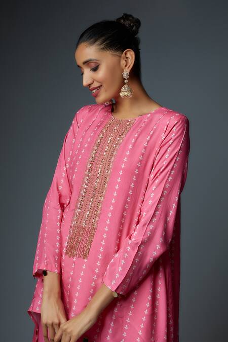 Bha Sha_Pink Chanderi Cut Work, Megha Asymmetric Bead Embroidered Yoke Kurta With Pant _at_Aza_Fashions