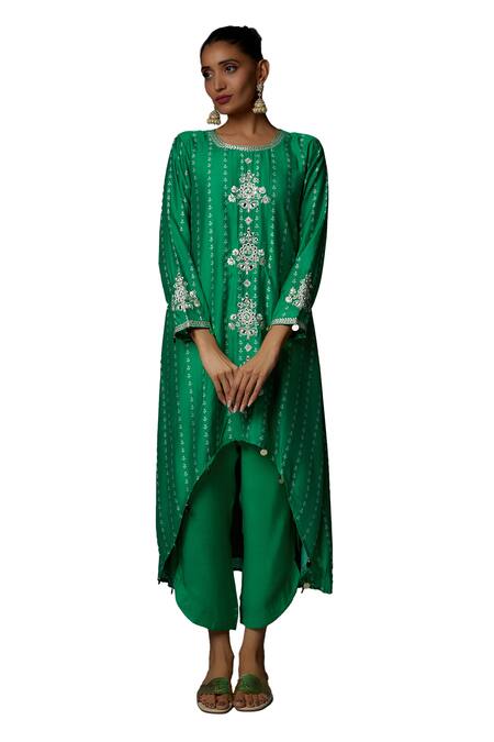 Bha Sha_Green Chanderi, Cotton Zari, Embroidery Round Neck Misty Resham Tunic With Pant _Online_at_Aza_Fashions