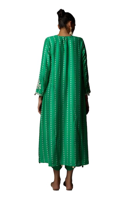 Buy_Bha Sha_Green Chanderi, Cotton Zari, Embroidery Round Neck Misty Resham Tunic With Pant _Online_at_Aza_Fashions