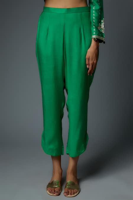 Shop_Bha Sha_Green Chanderi, Cotton Zari, Embroidery Round Neck Misty Resham Tunic With Pant _Online_at_Aza_Fashions