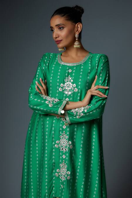 Bha Sha_Green Chanderi, Cotton Zari, Embroidery Round Neck Misty Resham Tunic With Pant _at_Aza_Fashions
