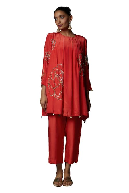 Bha Sha_Orange Crepe, Silk Pearls, Sequins Round Risha Floral Pattern Tunic With Pant _Online_at_Aza_Fashions