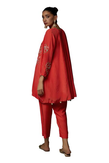 Buy_Bha Sha_Orange Crepe, Silk Pearls, Sequins Round Risha Floral Pattern Tunic With Pant _Online_at_Aza_Fashions