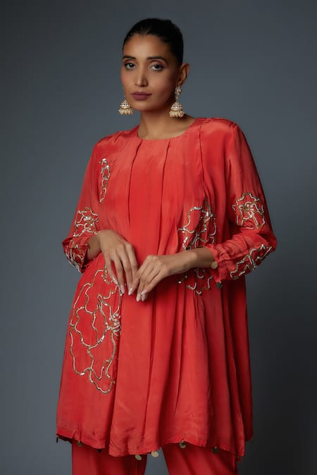 Shop_Bha Sha_Orange Crepe, Silk Pearls, Sequins Round Risha Floral Pattern Tunic With Pant _Online_at_Aza_Fashions