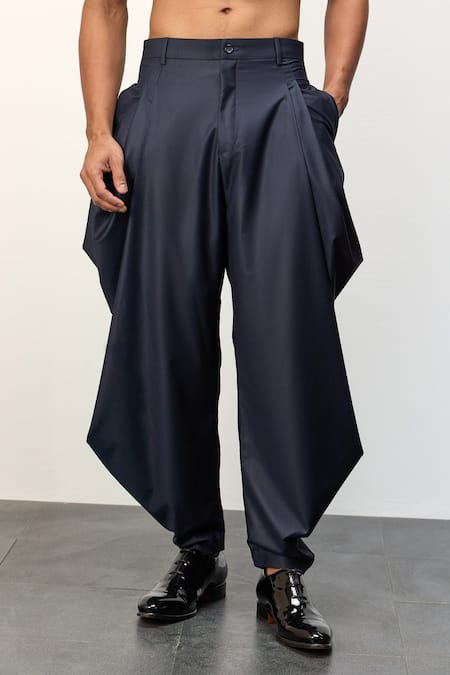 Shop_Arjan Dugal_Blue Chander Silk Embroidered Solid Draped Pant _at_Aza_Fashions