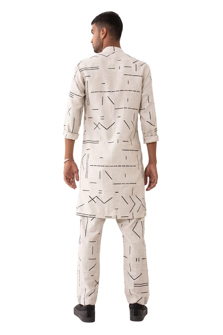 Son Of A Noble Snob Ivory Linen Hazel Contra Printed Kurta And Pant Set Online at Aza Fashions Son Of A Noble Snob_Ivory Linen Hazel Contra Printed Kurta And Pant Set _Online_at_Aza_Fashions