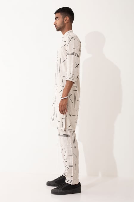 Shop Son Of A Noble Snob Ivory Linen Hazel Contra Printed Kurta And Pant Set Online at Aza Fashions Shop_Son Of A Noble Snob_Ivory Linen Hazel Contra Printed Kurta And Pant Set _Online_at_Aza_Fashions
