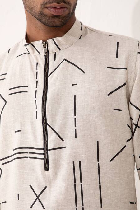 Son Of A Noble Snob Ivory Linen Hazel Contra Printed Kurta And Pant Set at Aza Fashions Son Of A Noble Snob_Ivory Linen Hazel Contra Printed Kurta And Pant Set _at_Aza_Fashions