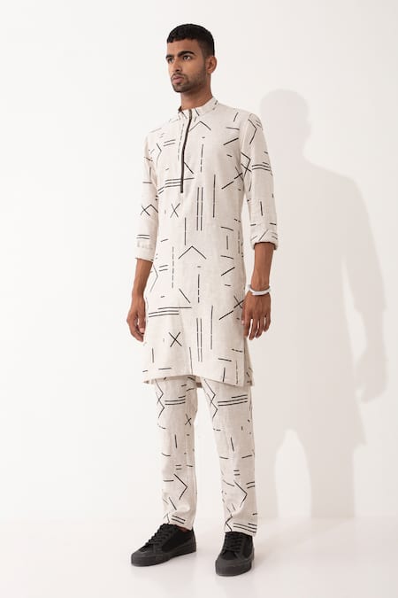 Shop Son Of A Noble Snob Ivory Linen Hazel Contra Printed Kurta And Pant Set Shop_Son Of A Noble Snob_Ivory Linen Hazel Contra Printed Kurta And Pant Set