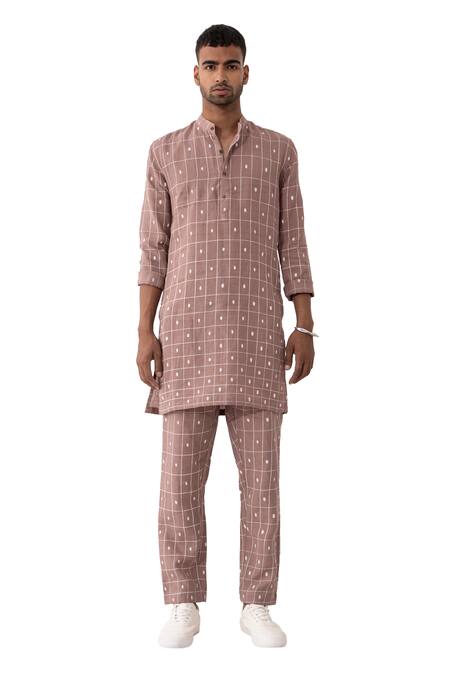 Son Of A Noble Snob_Purple Linen Zander Checker Printed Kurta And Pant Set _Online_at_Aza_Fashions