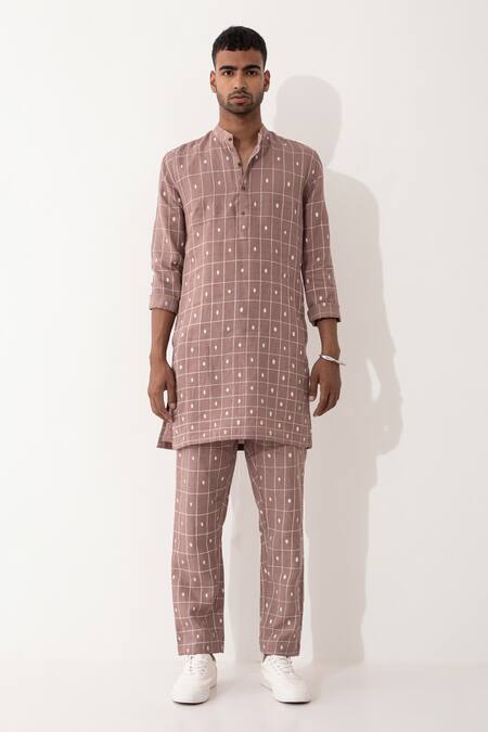 Buy_Son Of A Noble Snob_Purple Linen Zander Checker Printed Kurta And Pant Set _Online_at_Aza_Fashions