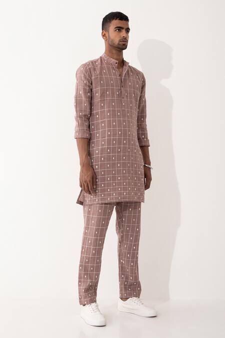 Shop_Son Of A Noble Snob_Purple Linen Zander Checker Printed Kurta And Pant Set _Online_at_Aza_Fashions
