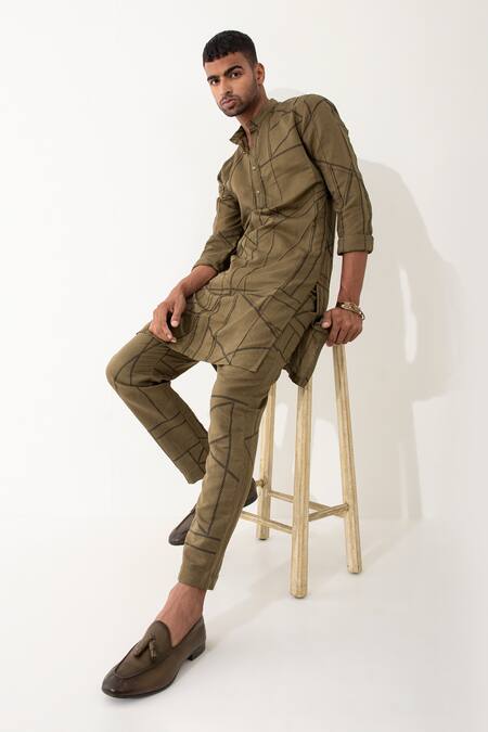 Son Of A Noble Snob_Brown Linen Ed Pipelline Printed Kurta And Pant Set _Online_at_Aza_Fashions
